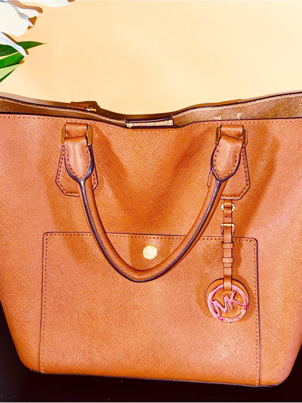 Michael Kors Cognac Saffiano Leather Tote with MK Charm